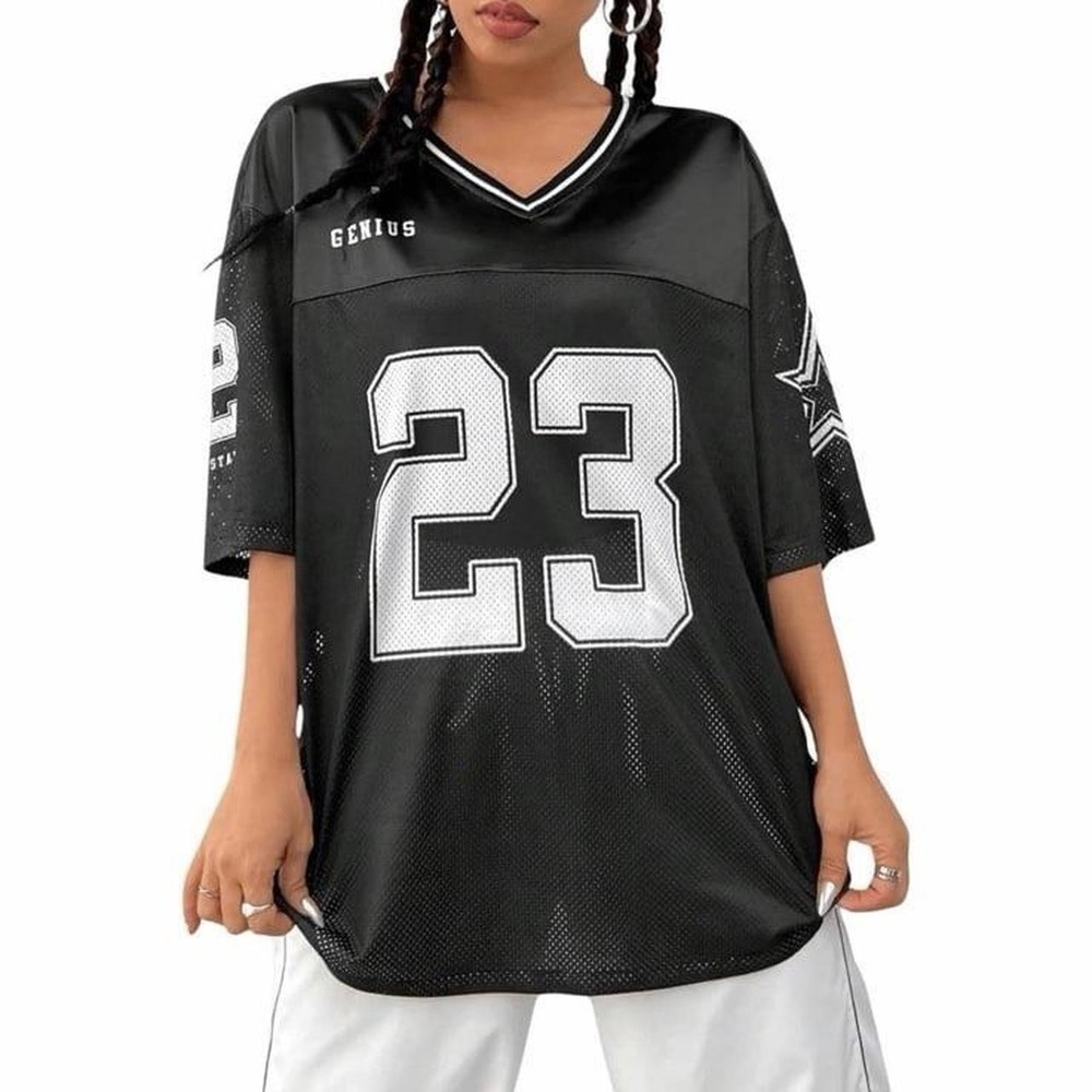 Genius 23 Black Mesh Football Jersey Oversized V-Neck Graphic Tee Women Medium